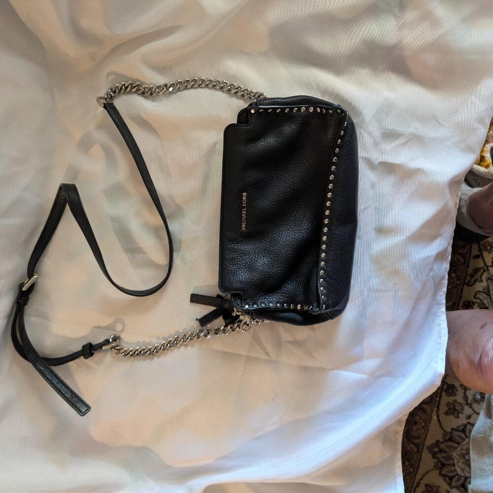 Michael Kors Black Leather Crossbody Bag with Silver Chain
